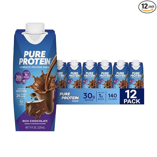 Pure Protein Chocolate Protein Shake, 30g Complete Protein, Ready to Drink and Keto-Friendly, Vitamins A, C, D, and E plus Zinc to Support Immune Health, 11oz Bottles, 12 Pack