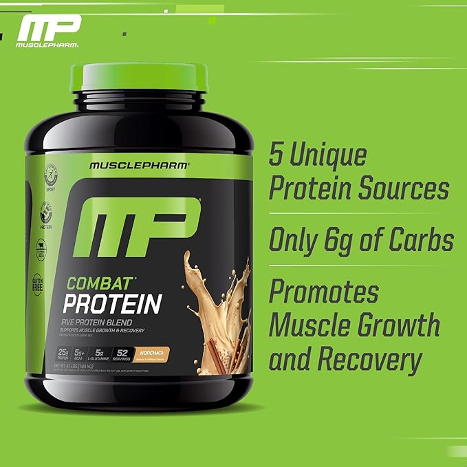 Muscle Pharm Combat Protein Powder, Horchata Flavor, Fuels Muscles for Productive Workouts, 5 Protein Sources Including Whey Protein Isolate & Egg Albumin, Gluten Free, 4 lb, 52 Servings