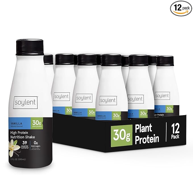 Soylent Complete Protein Shake, Vanilla, 30g Protein, Vegan, Dairy Free and 0g Sugar, Ready to Drink Protein Drinks, 11oz (12 Pack)