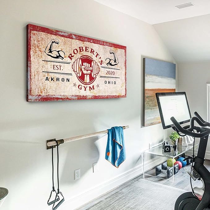 Tailored Canvases Personalized Gym Sign Wall Art Decor - Motivational Canvas for Home Gym, Workout Room, Garage, Fitness Center - Workout Inspirational Posters - One Hand Dumbbell on Rustic Red, 48x16in