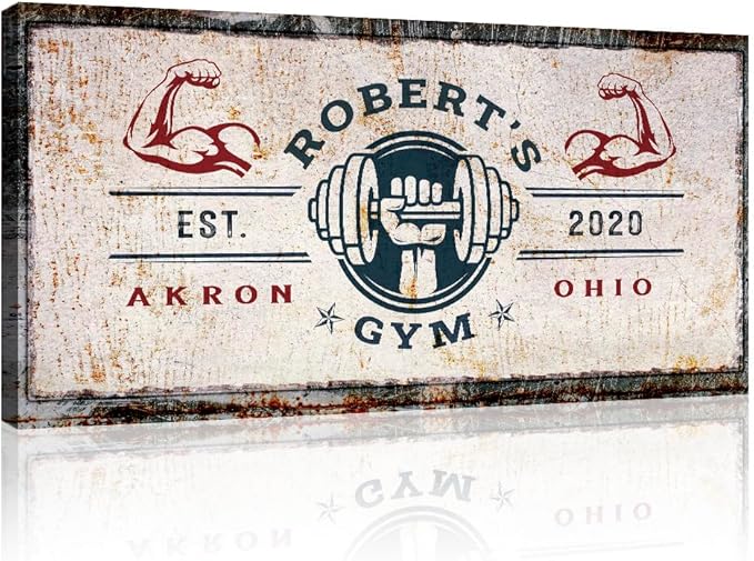 Tailored Canvases Personalized Gym Sign Wall Art Decor - Motivational Canvas for Home Gym, Workout Room, Garage, Fitness Center - Workout Inspirational Posters - One Hand with Dumbbell on Rustic, 20x10in