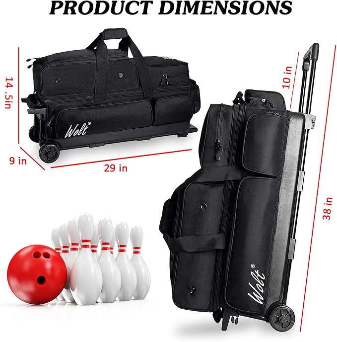 WOLT 3 Ball Bowling Bags with Wheels,Bowling Ball Bag 3 Ball Roller with Separate Shoe Compartment and Accessory Pocket, Retractable Handle Extends to 38’’