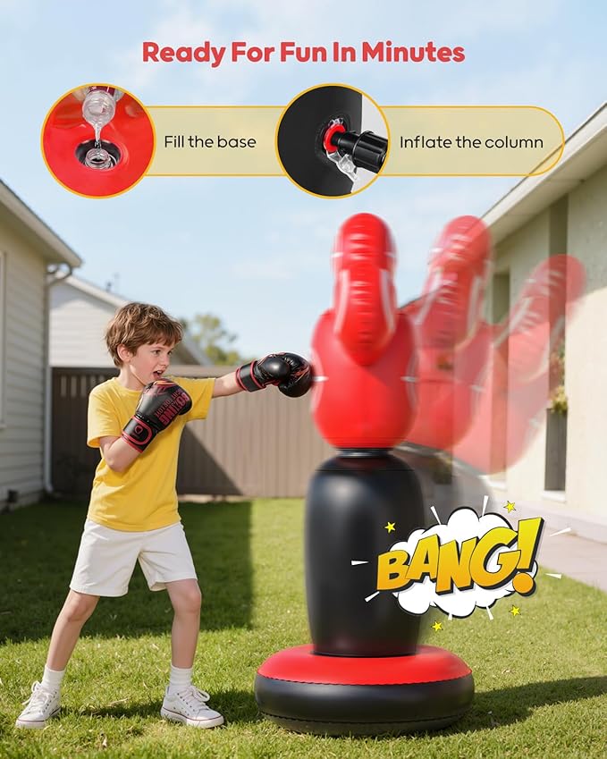 QPAU 360° Rotatable Kids Punching Bag - 64" Boxing Bag with 4 Targets & Kids Boxing Gloves, Inflatable Punching Bags with Hand Pump, Karate Taekwondo Training Gift Boys Girls