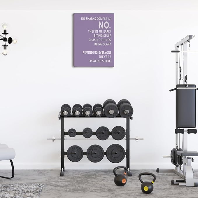 Rusenbao Gym Motivational Workout Wall Art, Home Gym Decor, Inspirational Workout Room Decor, Do Sharks Complain About Monday, Canvas Wall Art for Exercise Fitness Room Office, 11x14 inch(Purple)