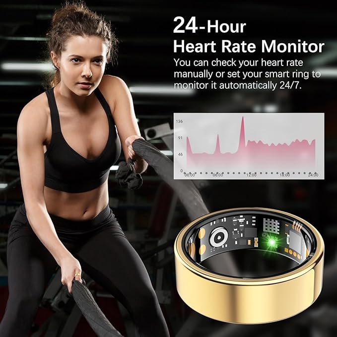 Ring Health Tracker for Women Men, Fitness Tracker with Heart Rate, Blood Oxygen, Sleep Monitor, Calories, Step Counter, IP68 Waterproof Smart Ring for iPhone & Android, No Subscription Fee (Gold, 9#)