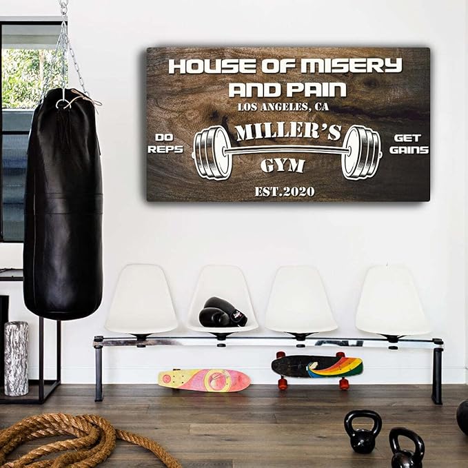 Tailored Canvases Personalized Gym Sign Wall Art Decor - Motivational Canvas for Home Gym, Workout Room, Garage, Fitness Center - Workout Inspirational Posters - House of Misery and Pain, Wooden 48x16in