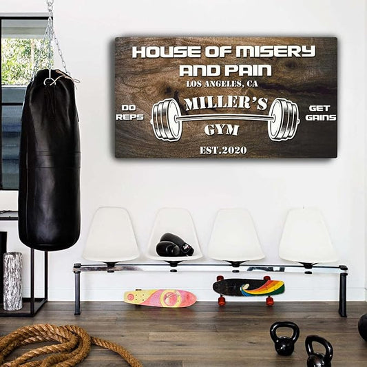 Tailored Canvases Personalized Gym Sign Wall Art Decor - Motivational Canvas for Home Gym, Workout Room, Garage, Fitness Center - Workout Inspirational Posters - House of Misery and Pain, Wooden 36x12in