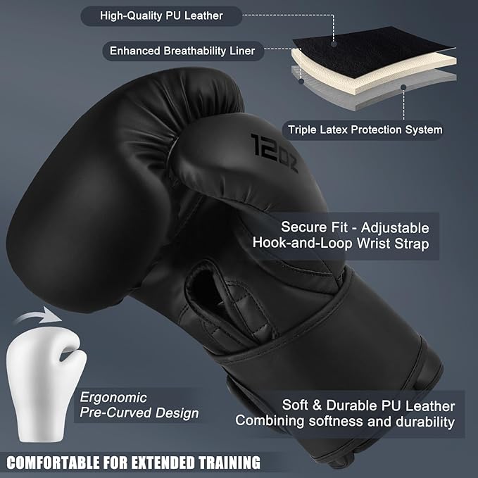 Boxing Gloves for Men & Women Pro Training | Wrist Protection 15° Hook & Loop | Triple Latex Padding | PU Leather for Muay Thai MMA Kickboxing Sparring|Sizes 10-16 oz