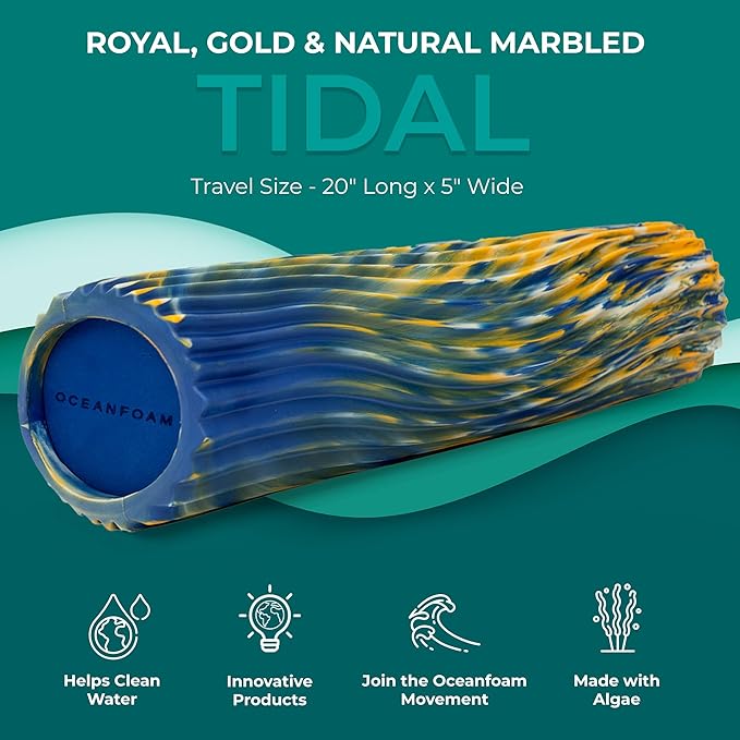 Oceanfoam Tidal Roller - Royal, Gold & Natural Marbled - Muscle Massage Foam Roller for Back Pain & Stretching - Firm & Ergonomic Wide Wave Textured - Yoga, Athletics, & Wellness - Full Size, 20" x 5"