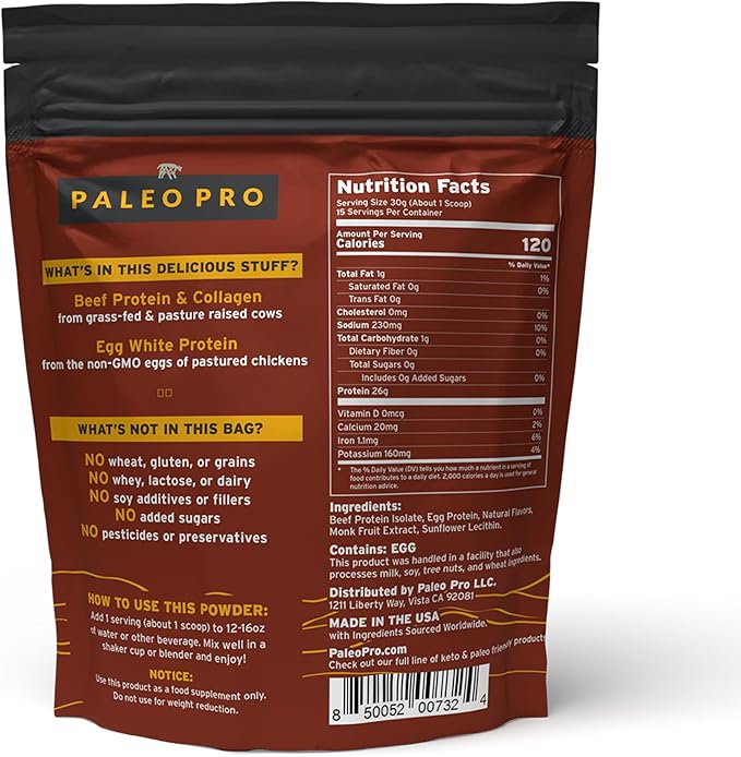 PaleoPro Protein Powder, Gluten, Dairy, Whey, and Soy Free - No Added Hormones, Pastured Grass-fed Beef, Minimally Processed Paleo Ingredients, 1lb/454g, About 15 Servings, Mayan Mocha