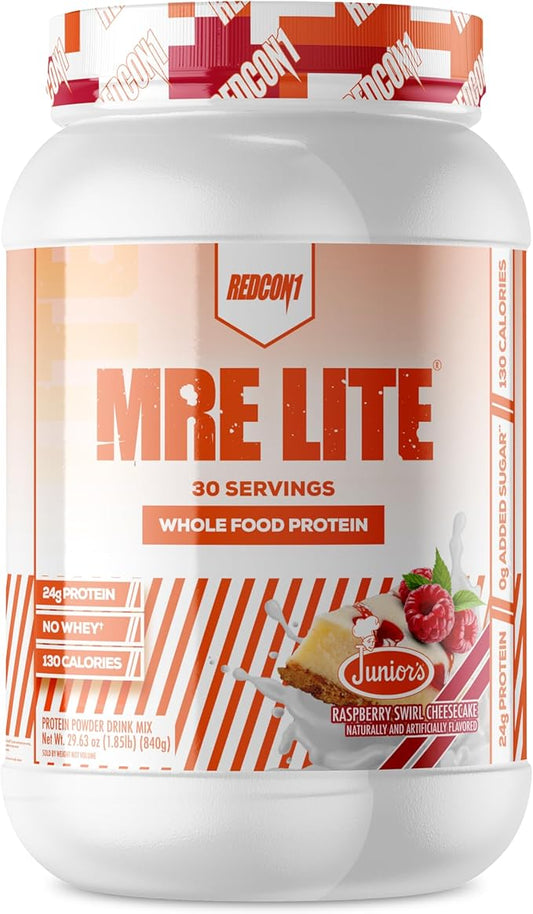 REDCON1 MRE Lite Whole Food Protein Powder, Juniors, Raspberry Swirl Cheesecake - Low Carb, Whey Free Meal Replacement with Animal Protein Blends - Easy to Digest Supplement with MCT Oil (30 Servings)