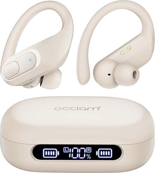 occiam Wireless Earbuds Bluetooth Headphones Ear Buds 96Hrs Playback Sport Over-Ear Waterproof Wireless Headphones Earphones with Earhooks ENC Mics Clear Call for Sport Running Workout (Ivory)