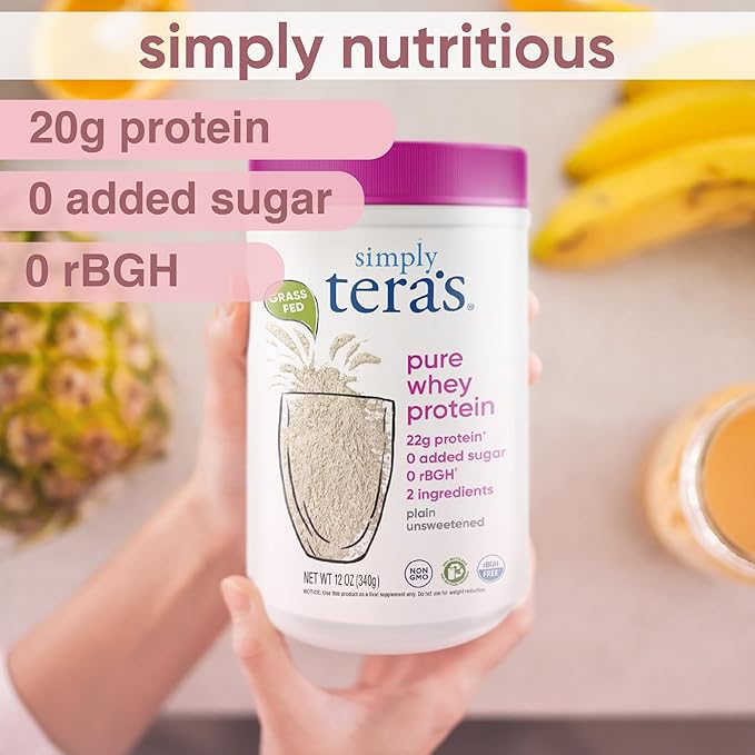 Simply tera's Pure Whey Protein Powder - Grass Fed Whey Protein Powder, Clean Protein Powder, Natural Protein Powder with Whey Protein, Unflavored Protein Powder, Non-GMO, Kosher, Unsweetened - 12 Oz