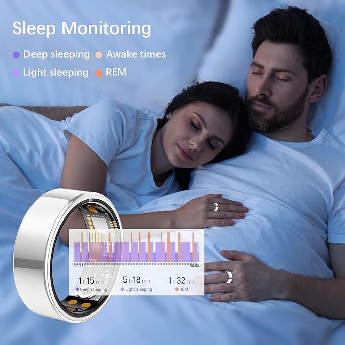 Ring Health Tracker for Women Men, Fit Ring with Heart Rate, Blood Oxygen, Sleep Monitor, Calories, Step Counter, IP68 Waterproof Smart Ring for iPhone & Android, No Subscription Fee (Silver, 13#)