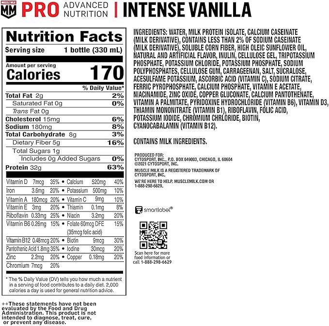 Muscle Milk Pro Advanced Nutrition Protein Shake, Intense Vanilla, 11.16 Fl Oz (Pack of 12), 32g Protein, 1g Sugar, 16 Vitamins & Minerals, 5g Fiber, Workout Recovery, Energizing Snack, Packaging May Vary