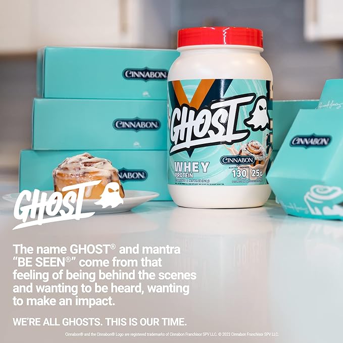 GHOST Whey Protein Powder, Cinnabon - 2LB, 25G of Protein - Cinnamon Roll Flavored Isolate, Concentrate & Hydrolyzed Whey Protein Blend - Post Workout Shakes - Soy & Gluten Free
