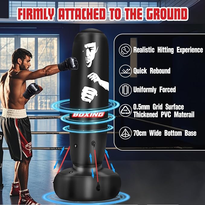 Punching Bag for Adults, 71" Boxing Bag with Stand and Fixed Rope,Free Standing Freestanding Punch Bag with Gloves and Pump, Inflatable Heavy Boxing Bag Set for Adults Teens Men Youth at Home Outdoor