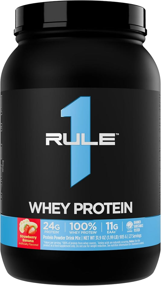 Rule 1 Whey Protein – 24g Fast-Acting Protein from All-Whey Sources with Naturally Occurring EAAs & BCAAs for Workout Recovery or Anytime Use (2 Pounds*, Strawberry Banana)
