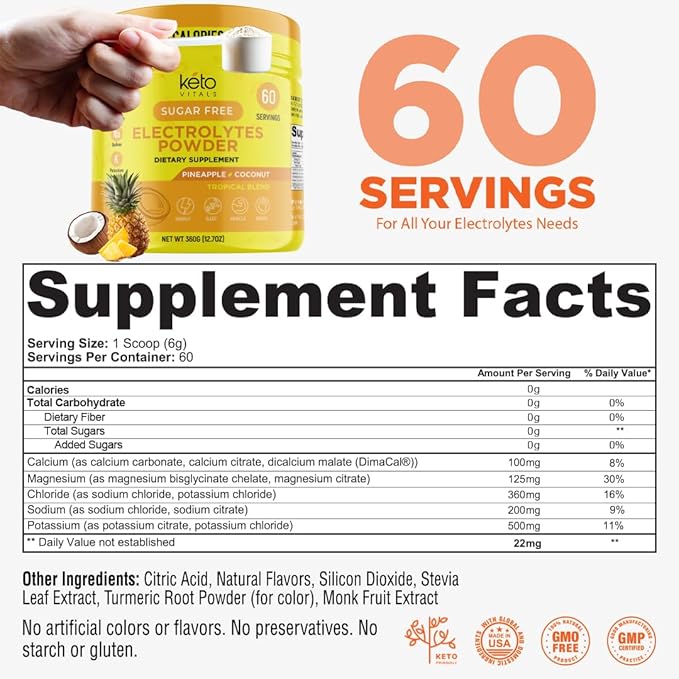 Keto Vitals Electrolytes Powder - Sugar Free Keto Electrolytes Powder with Potassium, Magnesium, Sodium, & Calcium - No Sugar Electrolyte Drink Mix & Hydration Powder, 60 Servings, Pineapple Coconut