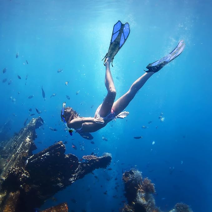 ZEEPORTE Mask Fin Snorkel Set, Travel Size Snorkeling Gear for Adults with Panoramic View Anti-Fog Mask, Trek Fins, Dry Top Snorkel and Gear Bag for Swimming Training, Snorkeling Kit Diving Packages