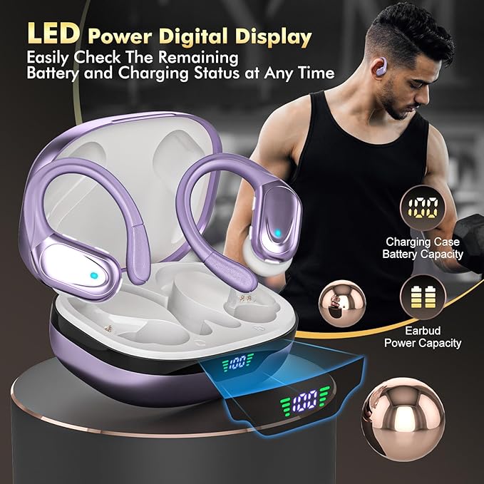 Wireless Earbuds, Sports Bluetooth Headphones, 80Hrs Playtime Ear Buds with LED Power Display, Noise Canceling Headset, IPX7 Waterproof Earphones for Workout/Running (Purple)