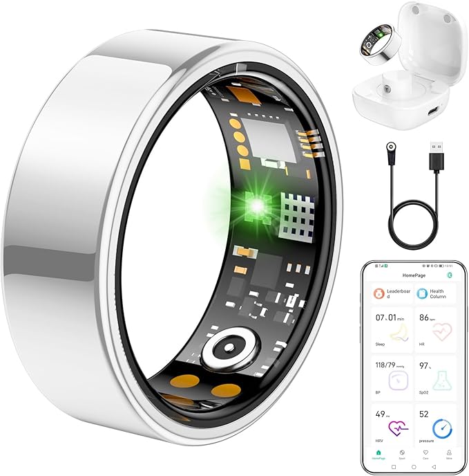 Ring Health Tracker for Women Men, Fit Ring with Heart Rate, Blood Oxygen, Sleep Monitor, Calories, Step Counter, IP68 Waterproof Smart Ring for iPhone & Android, No Subscription Fee (Silver, 9#)