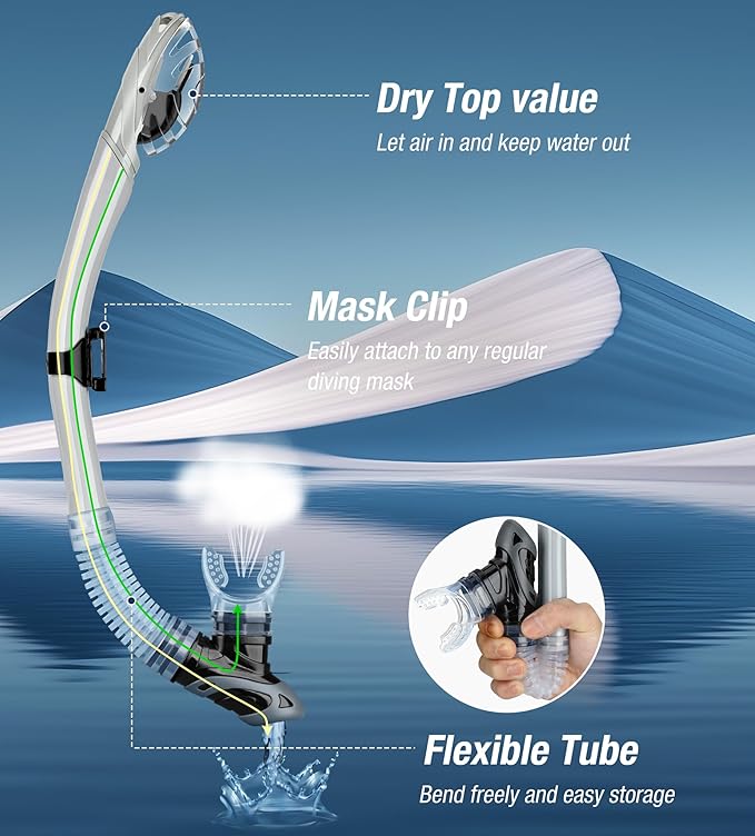 Aegend Dry Snorkel, Dive Mask Easy-Breath Free Diving Snorkel for Snorkeling Scuba Diving Freediving Swimming, with Top Dry Valve and Food-Grade Silicone Mouthpiece