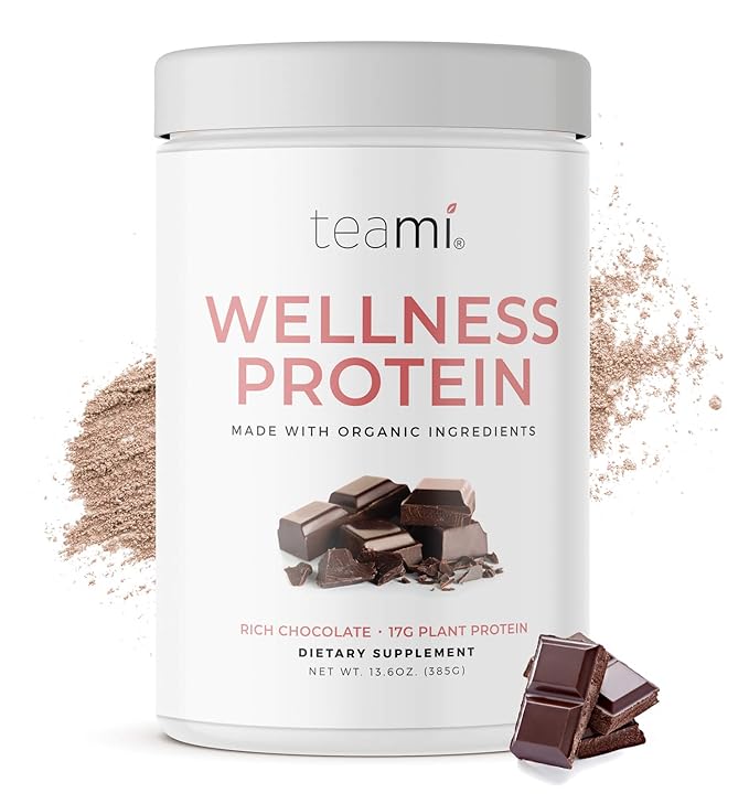 Teami Wellness Vegan Protein Powder - Organic Ingredients (14 Servings, 13.6 Ounce) Smooth Textured Chocolate Plant Based Protein Powder, Low Net Carbs, Non-GMO, Dairy Free, Soy Free, No Sugar Added