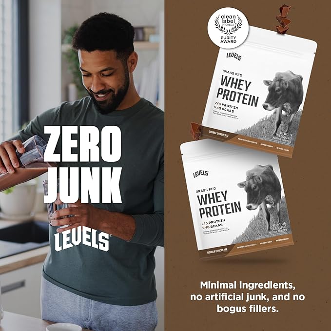 Levels Grass Fed Whey Protein Powder, No Artificials, 24G of Protein, Double Chocolate, 1LB