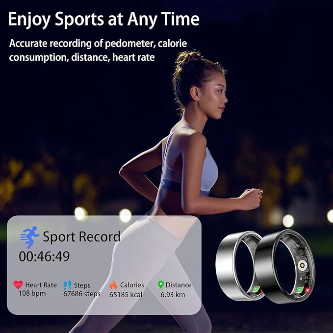Smart Ring for Women Men, Sleep Tracker Ring, Waterproof Fitness Tracker Health Rings with Heart Rate Monitoring, Blood Oxygen, Stress Distance Calories Steps Tracking, No Subscription Fee(Black,#7)