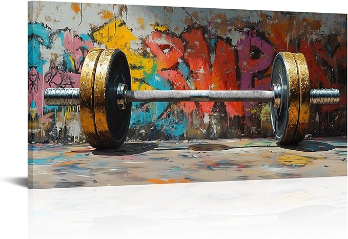 VANSEEING Graffiti Gym Wall Art Canvas Prints Barbell Weightlifting Fitness Picture Sport Motivational Artwork Oil Painting Wall decor for Workout Bedroom Fitness Boys Room 40x20 inch