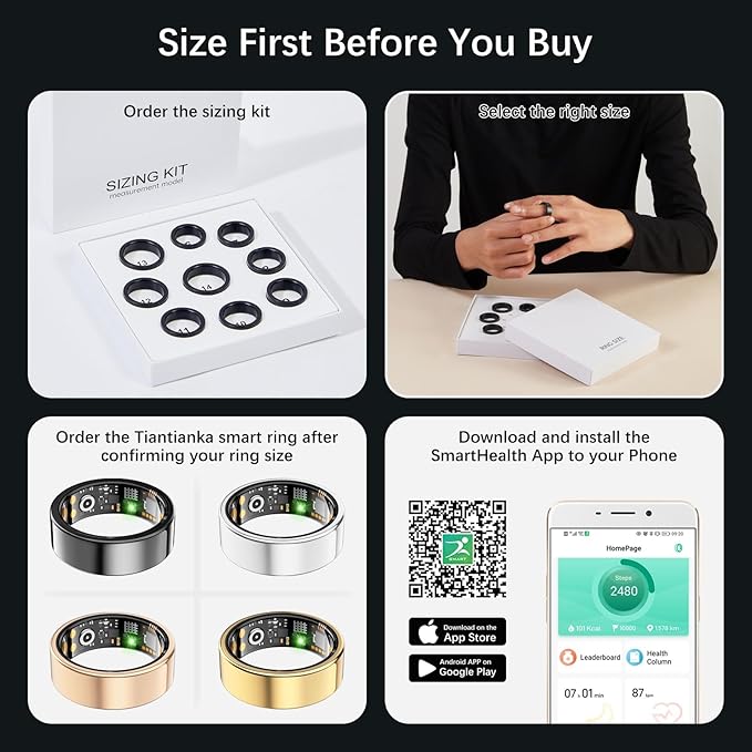 Ring Health Tracker for Women Men, Fit Ring with Heart Rate, Blood Oxygen, Sleep Monitor, Calories, Step Counter, IP68 Waterproof Smart Ring for iPhone & Android, No Subscription Fee (Silver, 10#)