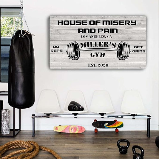 Tailored Canvases Personalized Gym Sign Wall Art Decor - Motivational Canvas for Home Gym, Workout Room, Garage, Fitness Center - Workout Inspirational Posters - House of Misery and Pain, White Wood 48x24in