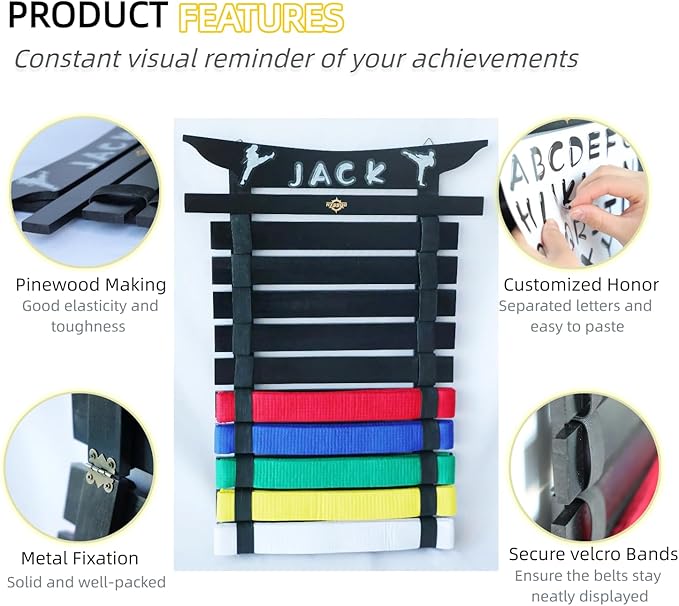 Martial Arts Belt Display Rack, Wooden Wall Mount, Karate and Taekwondo Belt Holder