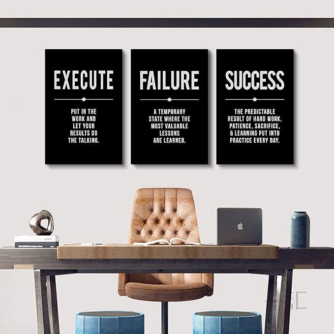 Framed Canvas Wall Art Success Quote, Office Wall Art, Black Large Poster, Positive Motivational Set of 3 Prints, Execute Failure Definition, Inspirational Print (A-3pcs,16x24inchx3pcs)