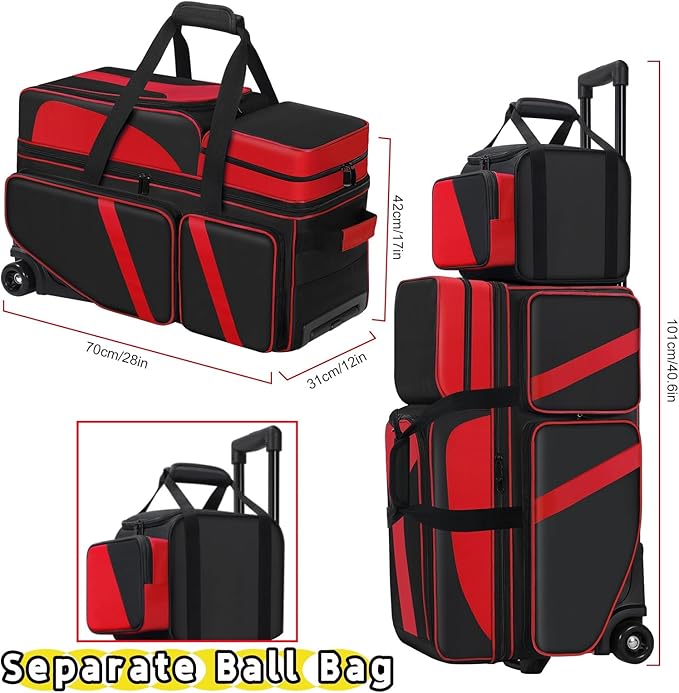 4 Ball Bowling Bags with Wheels, Bowling Ball Bag with Multi-Pockets,4 Ball Bowling Bag with Secure Buckle Fixed Ball Cup & Shoe Compartment,3 Ball Bowling Bag+1 Ball Color Matching Add On Tote
