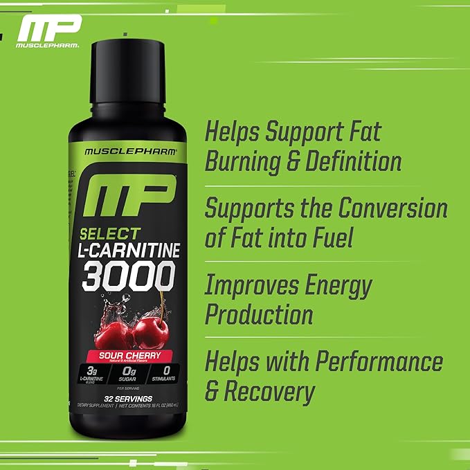 Muscle Pharm L-Carnitine 3000, The Ultimate Liquid L Carnitine Supplement for High-Performance, Supports Metabolism, Hydration & Energy, Zero Sugar/Calories, Sour Cherry Flavor, 32 Servings