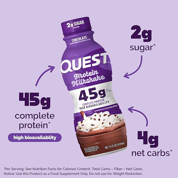 Quest Nutrition Chocolate Protein Shake, 45g Protein, 2g Sugar, 4g Net Carbs, Ready to Drink, Gluten Free, 4 Count