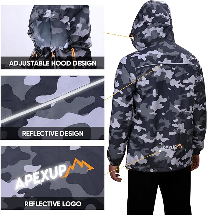 APEXUP Packable Rain Jacket Men with Reflective Zipper, Lightweight Waterproof Raincoat, Mens Rain Jacket for Outdoor Sports