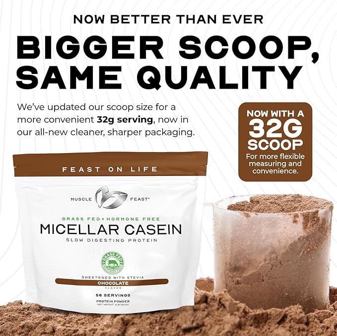Muscle Feast Grass Fed Micellar Casein Protein Powder, Pasture Raised & Hormone Free, Slow Digesting Casein Protein - Supports Overnight Muscle Recovery, Gluten Free Protein Powder - Vanilla, 4lb