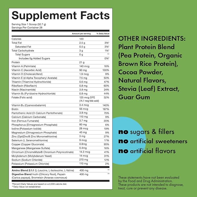 Kick Plant Protein Powder, Chocolate Flavor, 20 G Protein, Gluten Free Workout Supplement with Aminos Acids to Support Fitness Goals & Gut Health, No Sugar, No Artificial Flavors, 28 Servings