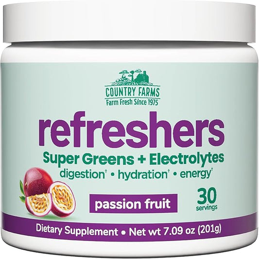 COUNTRY FARMS Refreshers, Super Greens and Electrolytes, Essential Minerals and Superfoods, Hydration Support, Promotes Natural Energy, with Fiber, Passion Fruit, 30 Servings