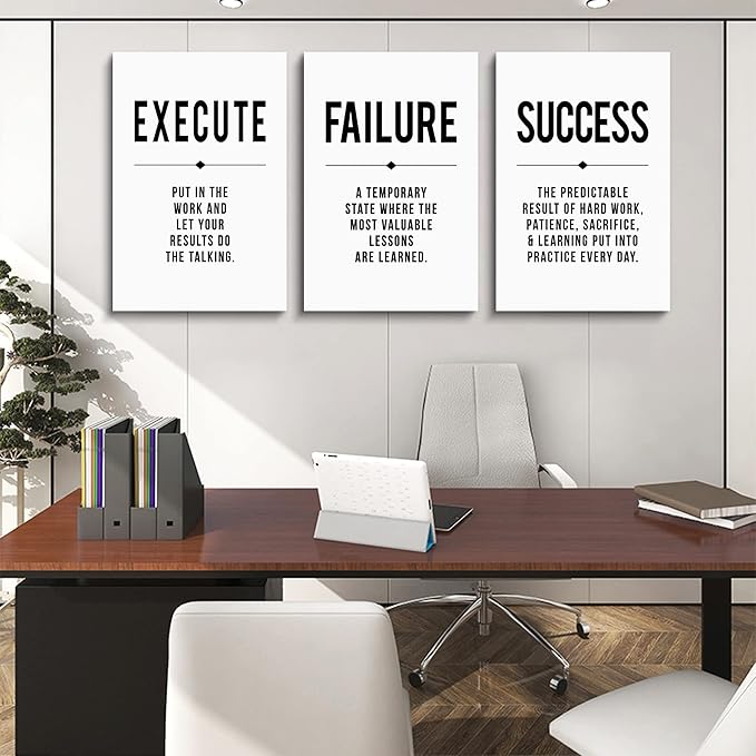 Framed Canvas Wall Art Success Quote, Office Wall Art, Black Large Poster, Positive Motivational Set of 3 Prints, Execute Failure Success Poster, Inspirational Print (D-3pcs,16x24inchx3pcs)