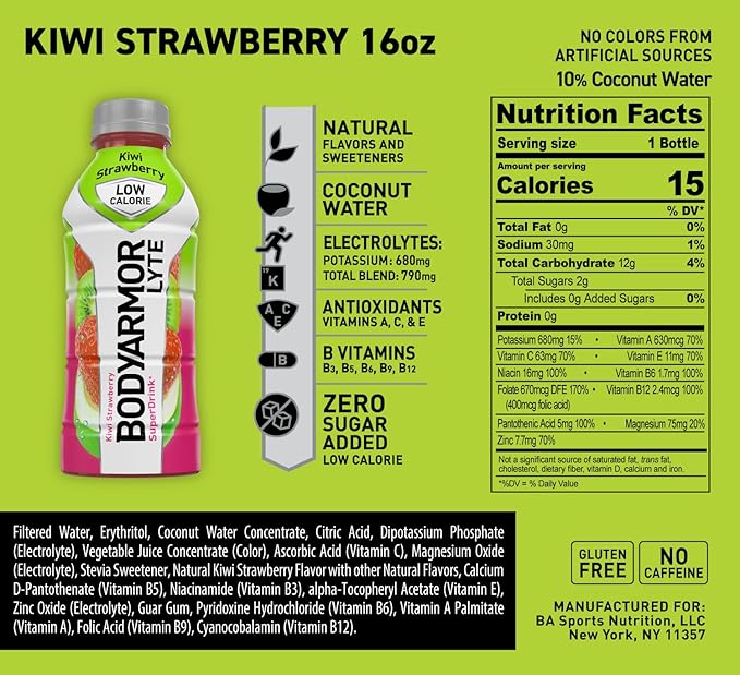 BODYARMOR LYTE Sports Drink Low-Calorie Sports Beverage, Kiwi Strawberry, Coconut Water Hydration, Natural Flavors With Vitamins, Potassium-Packed Electrolytes, Perfect For Athletes, 16 Fl Oz (Pack of 12)