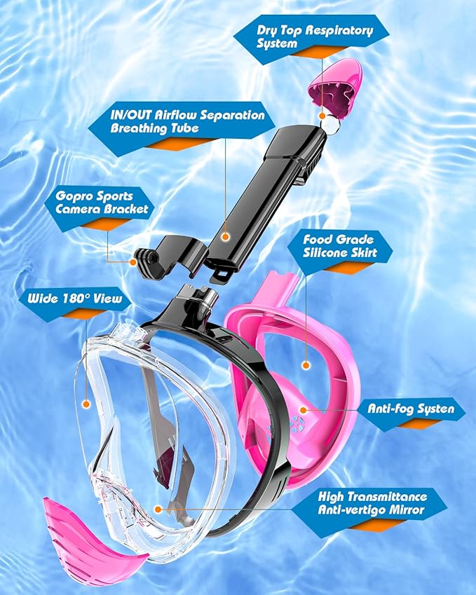 QingSong Full Face Snorkel Mask for Adults, Snorkeling Gear with Camera Mount, 180 Degree Panoramic View Snorkel Set Anti-Fog Anti-Leak