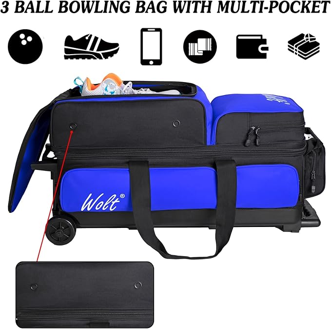 WOLT 3 Ball Bowling Bags with Wheels,Bowling Ball Bag 3 Ball Roller with Separate Shoe Compartment and Accessory Pocket, Retractable Handle Extends to 38’’