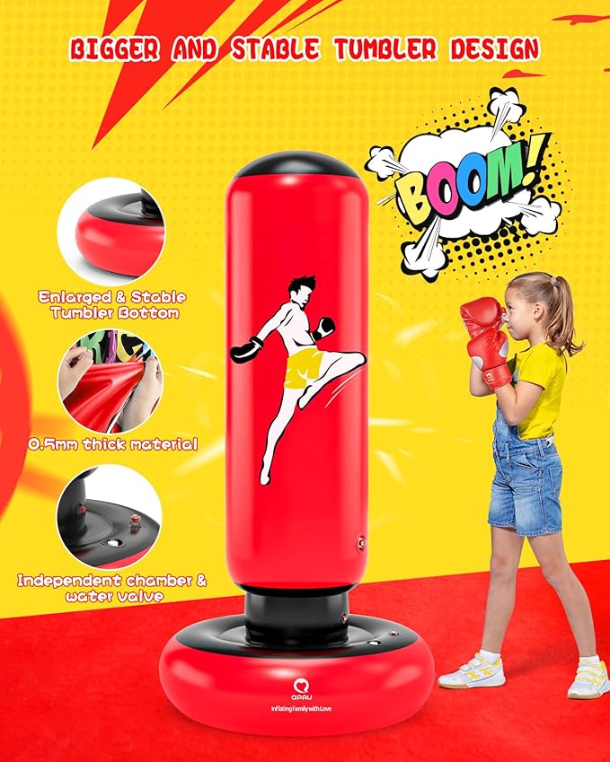 QPAU Kids Punching Bag Toy with Boxing Gloves, 66 Inch Larger Stable Kids Inflatable Boxing Bag Set, Gifts for Boys & Girls Age 6-12, for Practicing Karate, Taekwondo, MMA