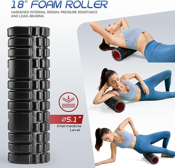 Foam Roller High Density Foam Roller Set for Deep Tissue Muscle Massage, 18" Trigger Point Fitness Exercise Massage Roller, Self-Myofascial Release for Whole Body (Black)
