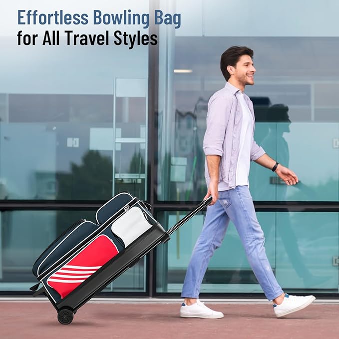 MANUEKLEAR 3 Ball Bowling Bags with Wheels, Bowling Ball Bag 3 Ball Roller with Accessory Pockets and Shoe Compartment