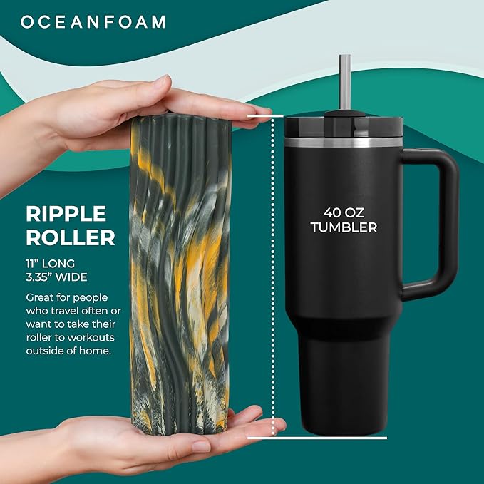 Oceanfoam Ripple Travel Foam Roller (11" x 3.35") Firm Mini Foam Roller for Physical Therapy, Deep Tissue Massage, Back Pain - High Density, Wave Textured - Yoga (Hunter, Gold & Natural Marbled)